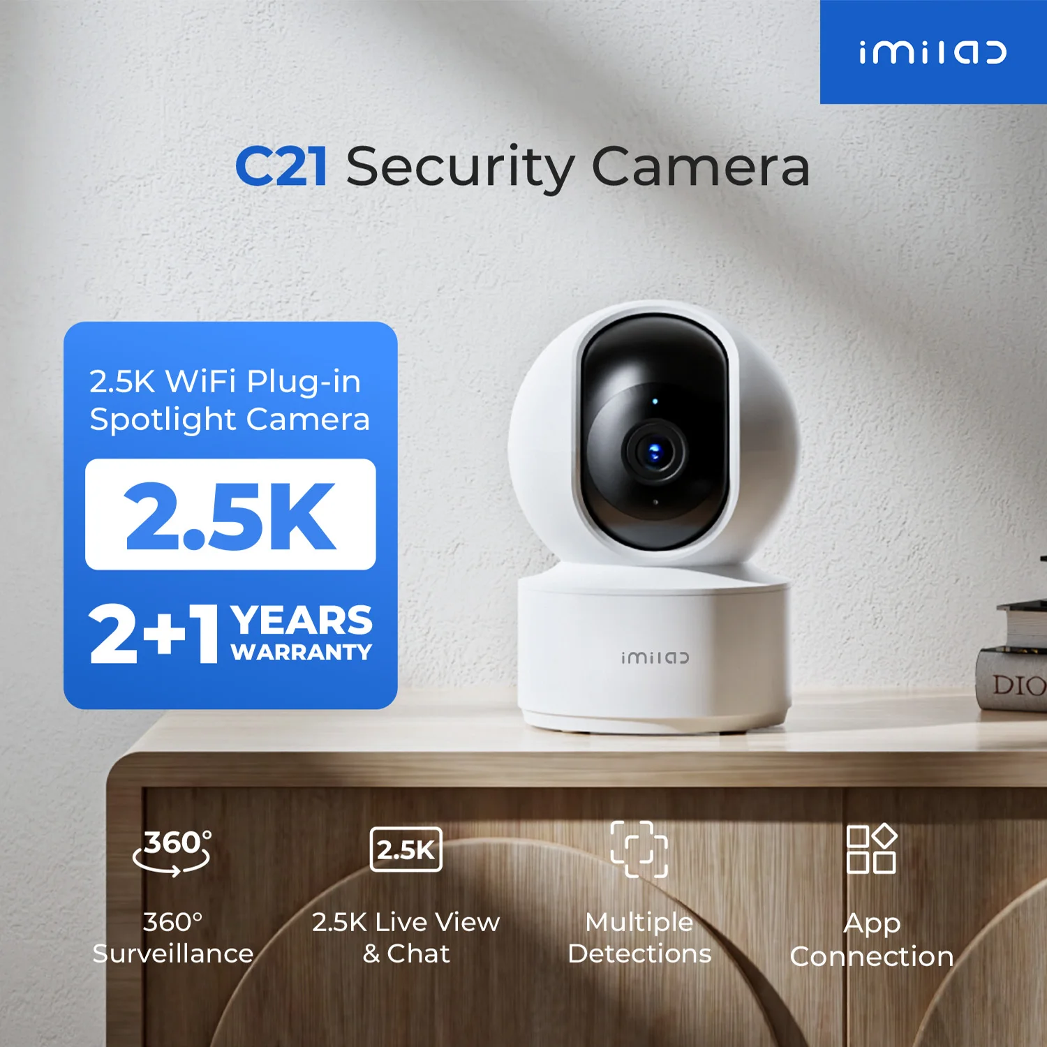 IMILAB-C21 IP Security Camera, 2.5K 360° Night Vision, Baby Monitor with App, 2-Way Audio, AI Detection, 2.4GHz WiFi