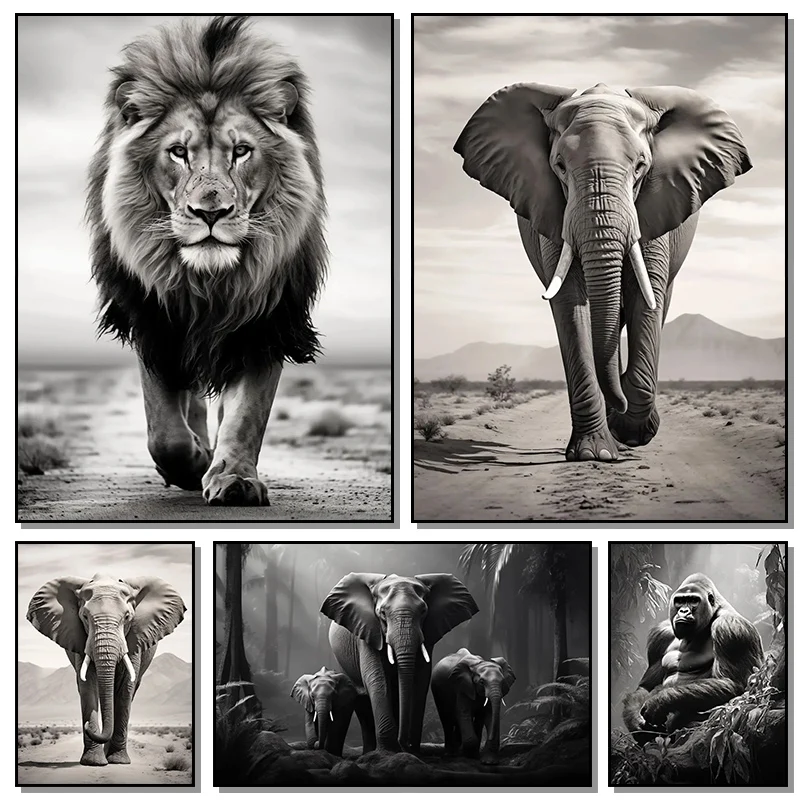 Black and White Lion Elephant Gorilla Canvas Paintings on The Wall Art Posters and Prints Animals Pictures For Living Room Decor