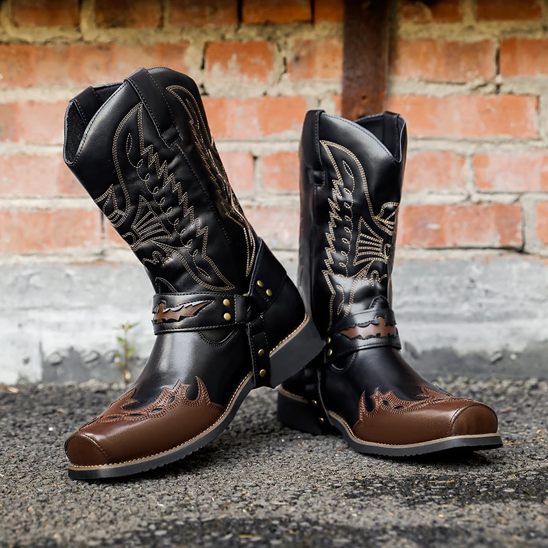 

Men High Top Boots PU Color Blocked Hand Embroidered Fashionable Retro Square Headed Knight Boots