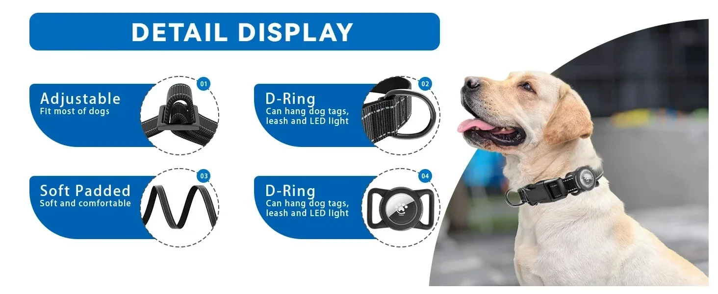 Wasserdichtes AirTag-Hundehalsband, reflektierend, weich gepolstert & mit Sicherheitsschnalle, AirTag-Hundehalsband mit AirTag-Halterung, verstellbar für Hunde – Detail 1