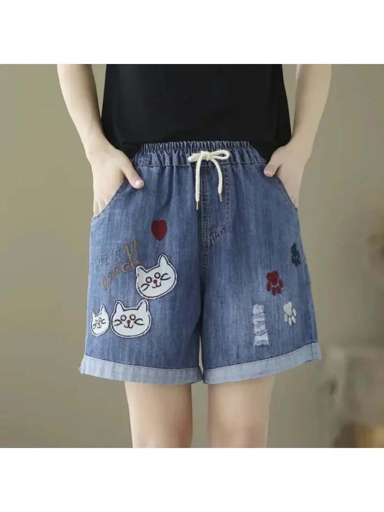 

High Quality Denim Shorts Women Short Pants Japanese High Waisted Cute Cat Paw Embroidered Drawstring Elastic Waist Jean Shorts