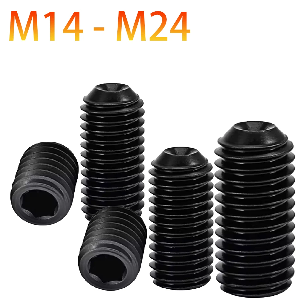 M14 M16 M20 M24 Black Grade 12.9 Alloy Steel Hex Socket Set Screws Headless Concave End Grub Screw Bolt Length 14/16/20-100mm