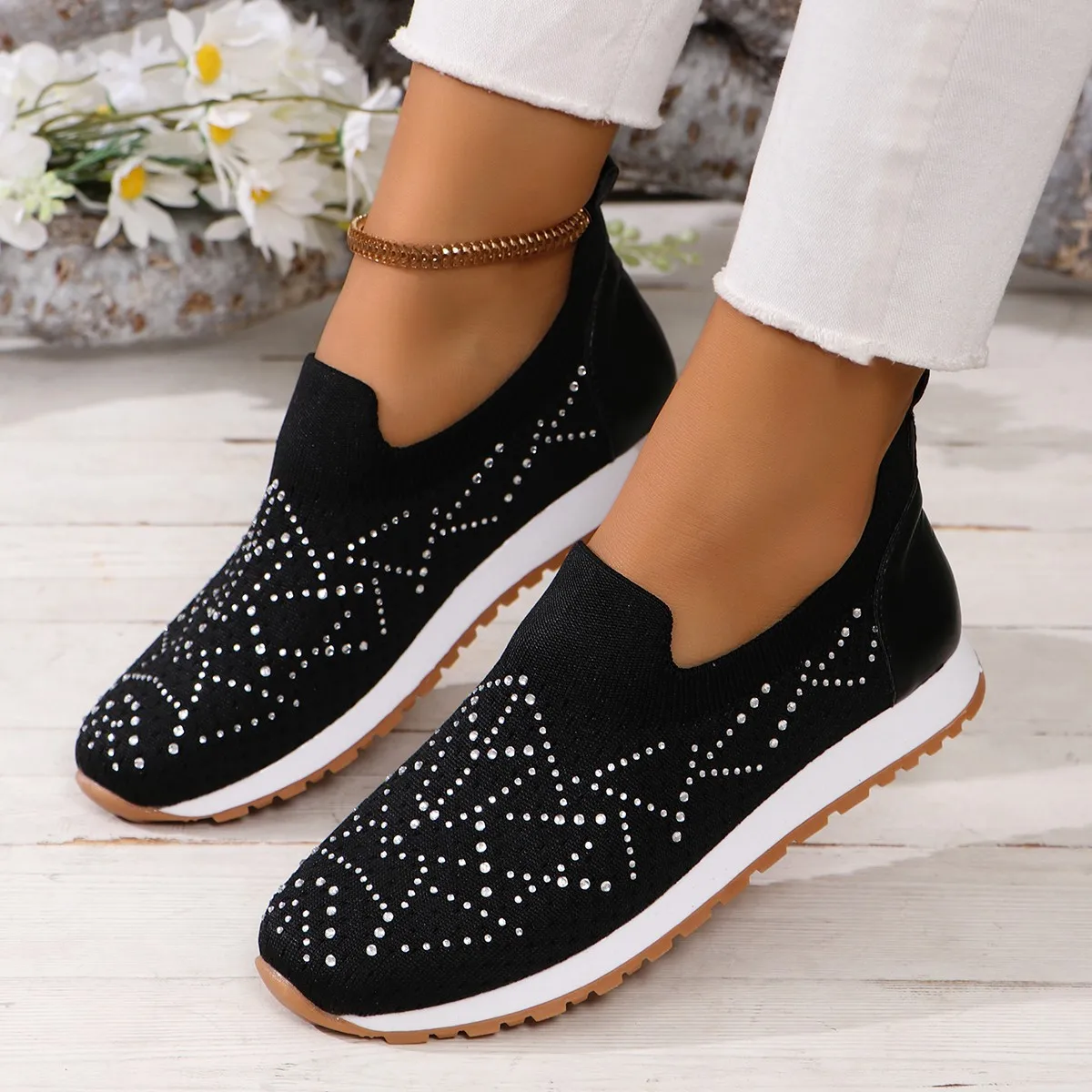 Shoes Woman Comfortable And Elegant Wedge Basket 2024 Casual Female Sneakers Crystal Low Heels Flats Sports Rhinestone Dress New