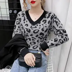 Autumn Winter Women Korean Fashion Leopard V-neck Outerwear Knitted Sweater Female Casual Long Sleeve Pullover Tops Chic Jumpers