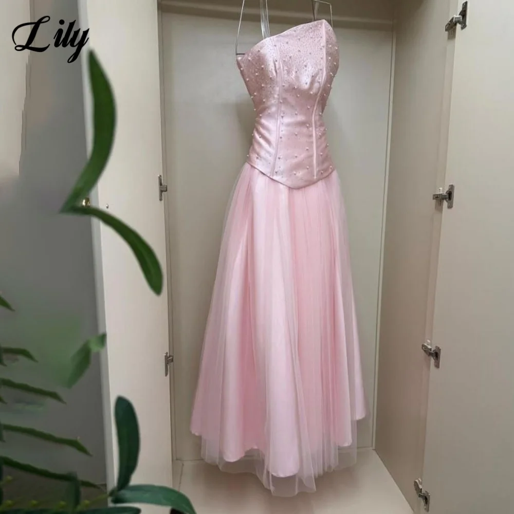 

Lily Pink Party Dress A-Line Strapless Evening Dress with Sequin Beaded فساتين السهرة Tulle Prom Dress Customized
