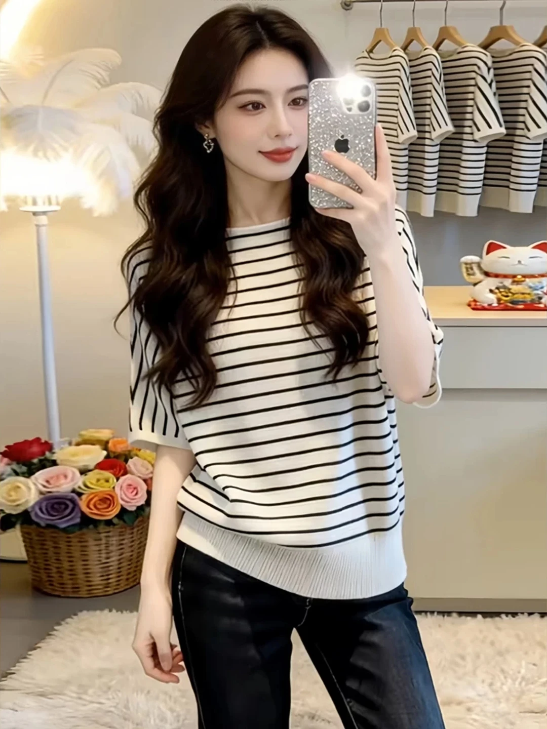 

plus Size Ice Silk Knitted Short Sleeve T-Shirt Women Summer Loose Slimming Casual Stripe Pattern round Neck Top for Ladies