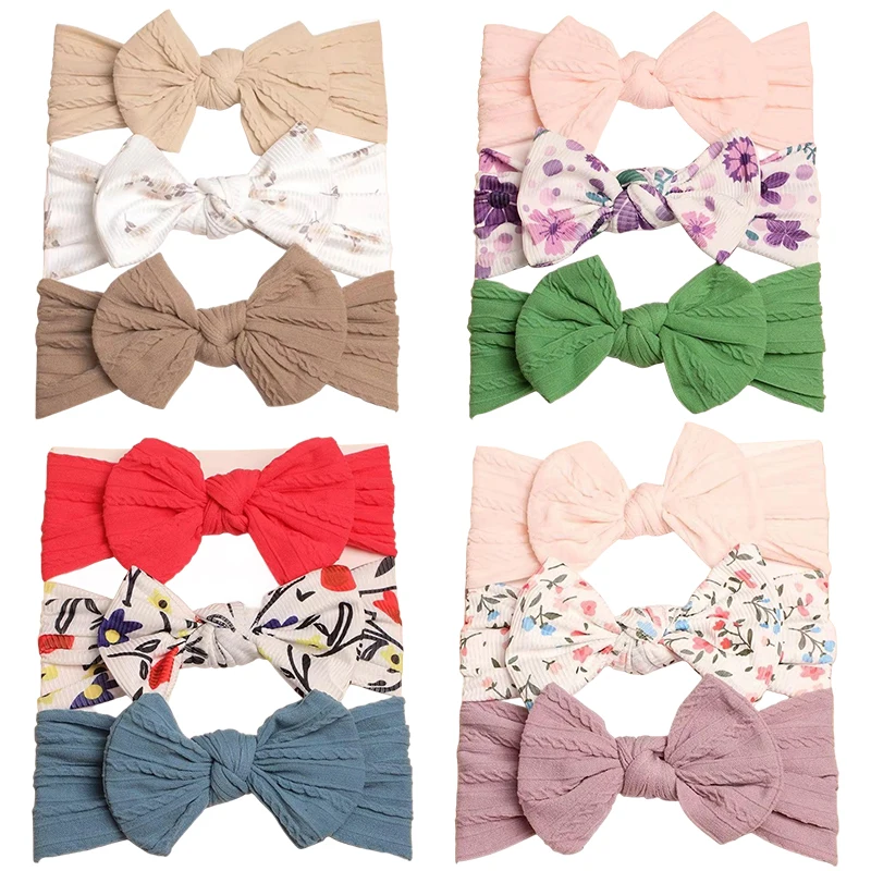 

3pcs Bow Baby Headbands For Newborn Soft Elastic Nylon Hair Bands Cable Knit Infant Headband For Girl Headwear Hair Accessories