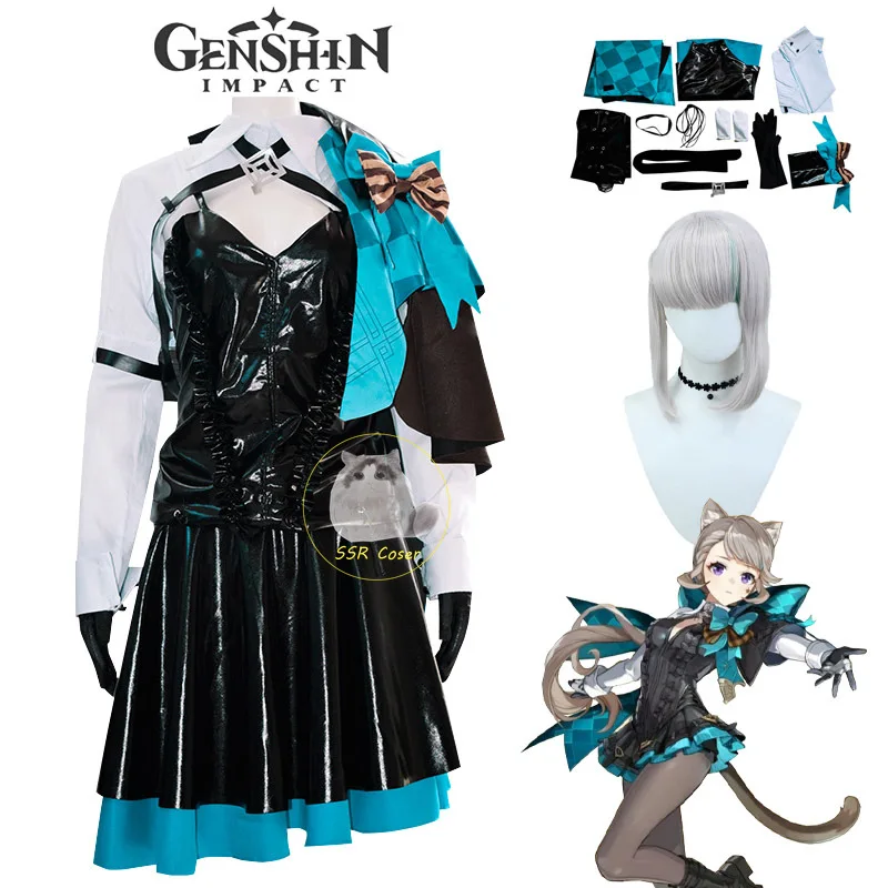 Game Genshin Impact Cosplay Lynette Cosplay Costume Fontaine Lyney Leather Uniform Lynette Wig Dress Outfit Magician Clothes