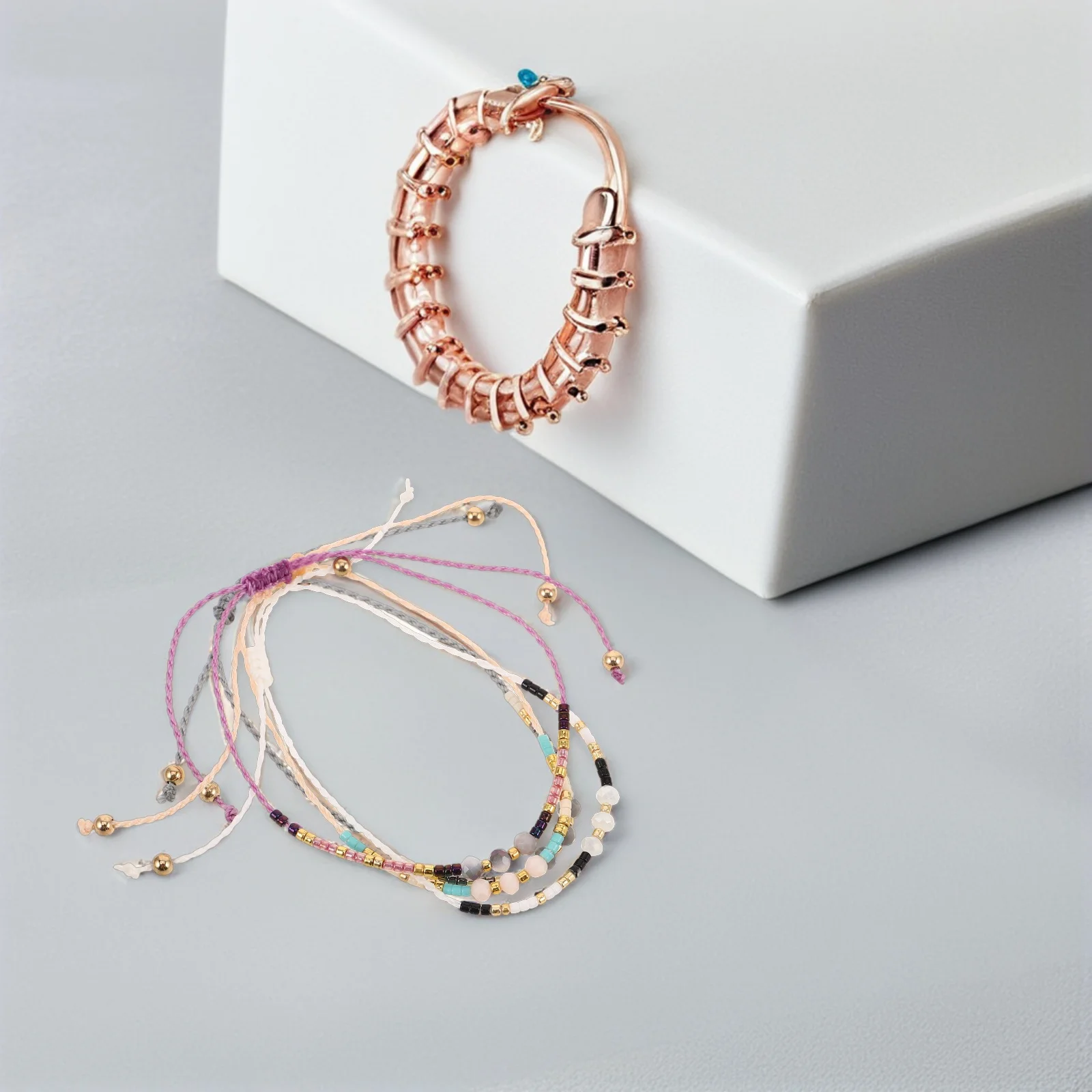 

4Pcs Crystal Beads Rice Beads Bracelet Handmade Adjustable Boho Waxed Summer Beach Party Daily Wear