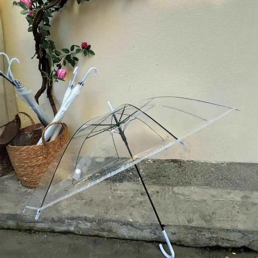 Transparent Plastic Rain Umbrella Long Handle Disposable White High Aesthetic Value Rain Flower in the Rain PVC Automatic Umb...