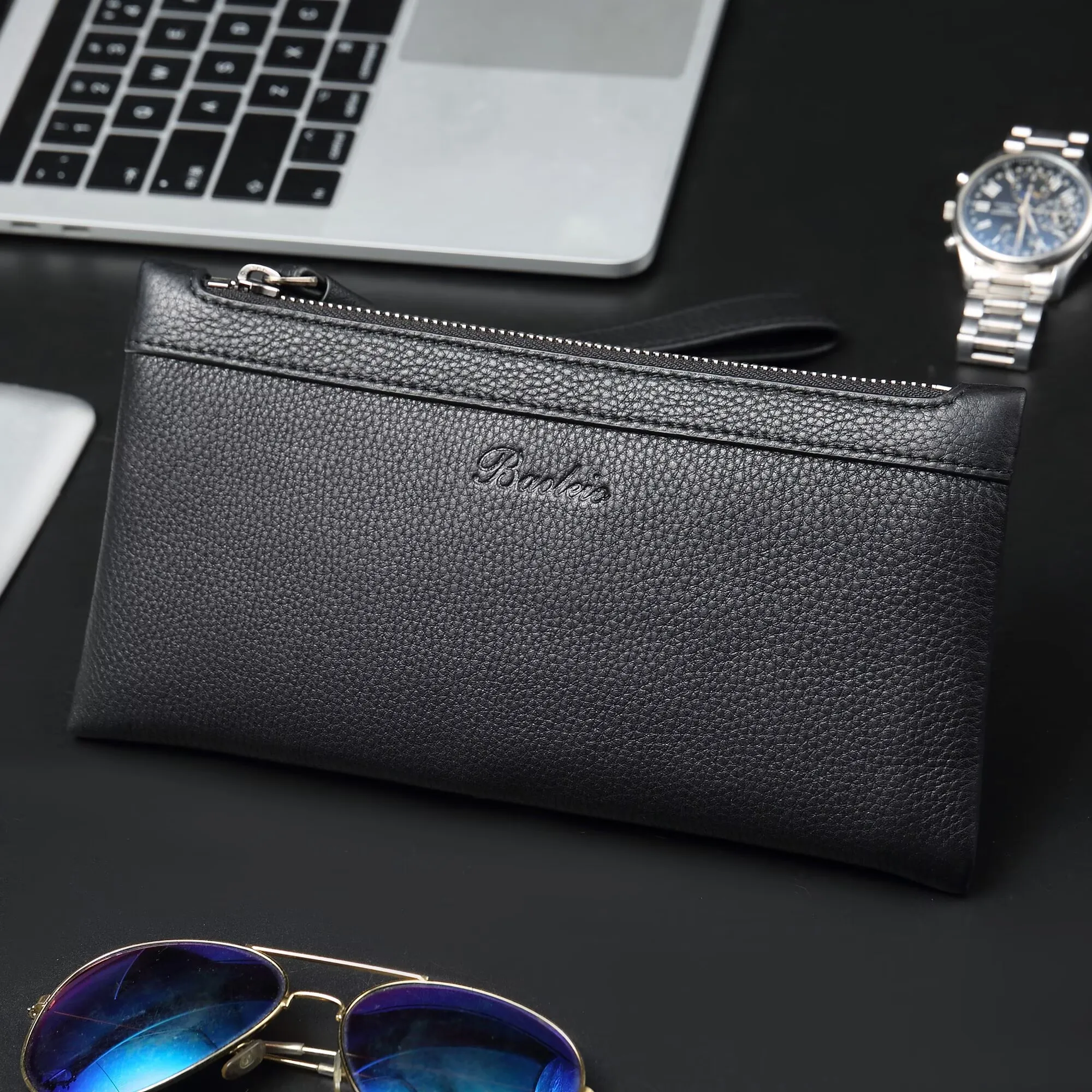 Echte Leder-Clutch für Herren mit Handschlaufe, Große Kapazität Reißverschluss-Geldbörse, Business-Rindsleder-Handtasche für Handy & Bargeld