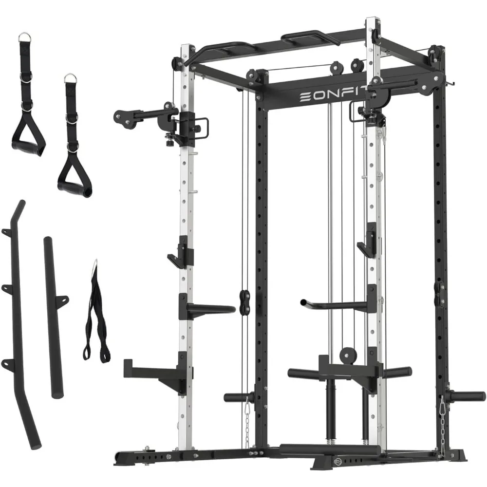 

Power Cage with LAT Pulldown Cable Crossover, Power Rack with Pulley System Half Squat Rack