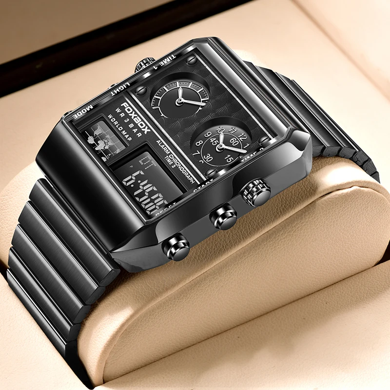 FOXBOX Mens Watches Brand Luxury Square Watch For Men quartz wristwatch Fashion Waterproof Dual Display Watch Relogio Masculino