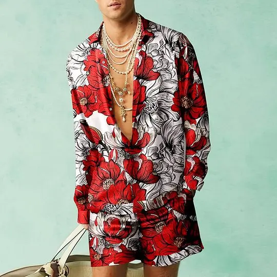 Ensemble Deux Pièces Chemise et Short pour Homme, Tenue de Luxe, Style Européen, Streetwear, à la Mode, Hawaïen, 2 Pièces