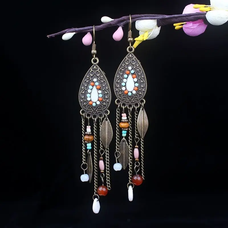 Classic Bohemian Vintage Water Drop Earrings for Women Ethnic Style Handmade Long Chain Bead Tassel Earring Pendientes Mujer