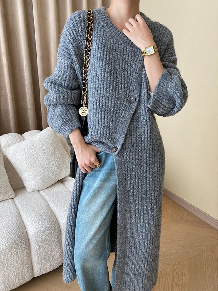 Single Breasted Cardigan Coat Women Long Sleeve O-neck Loose Fashion Length Sweater Jacket 2023 Autumn New Tide Outwears O269