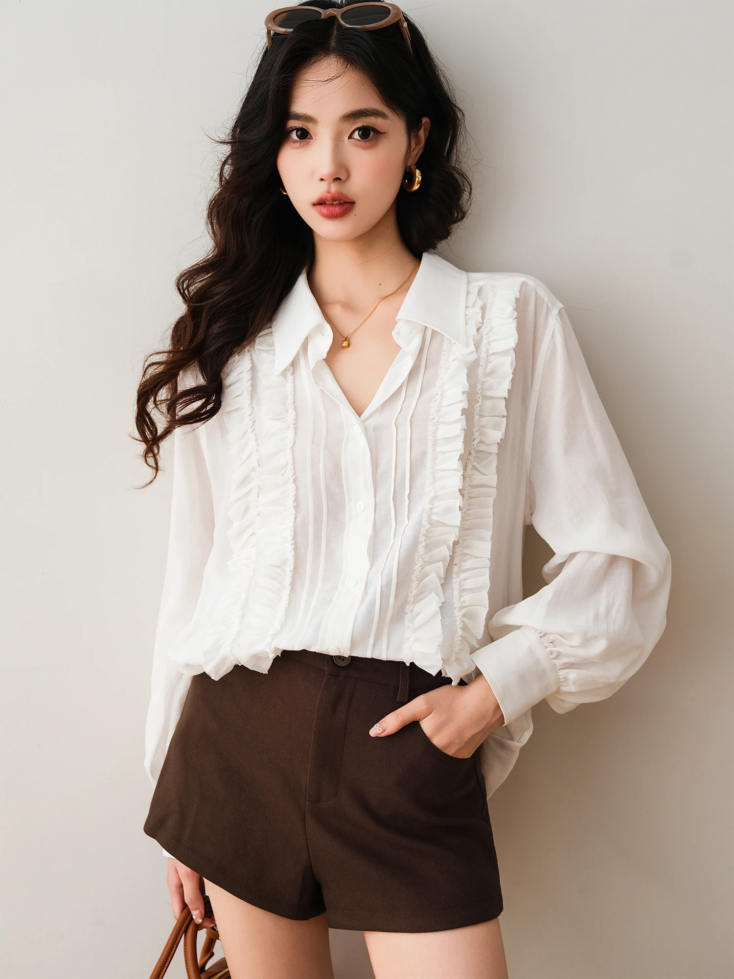 

Новинка осени 2025: Женский свободный топ Ronron French Sle из смесового хлопка с кружевным воротником, длинный рукав, для офиса