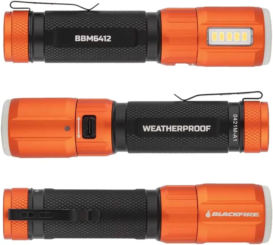 Rechargeable Weatherproof Magnetic Flashlight with Lantern BBM6412, 500 Lumens, Glow-in-Dark Ring with Removable Pocket Clip