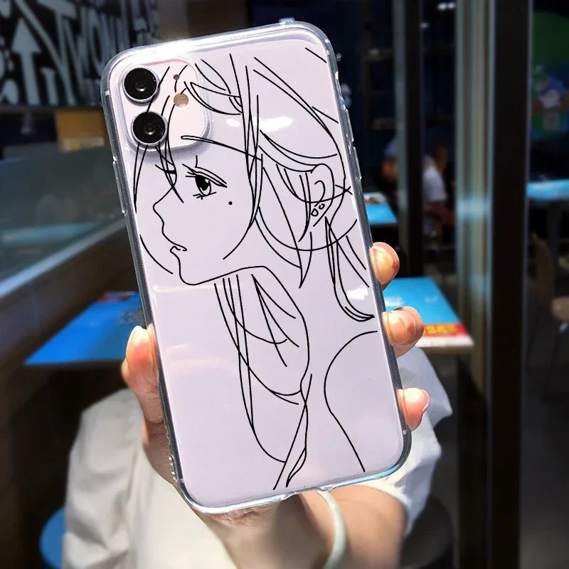 Cute Anime Girl Face Phone Case For iPhone XR 15 12 11 14Pro X MAX 13 7 8 Plus Abstract Art Line Clear Soft TPU Cover Coque Bag