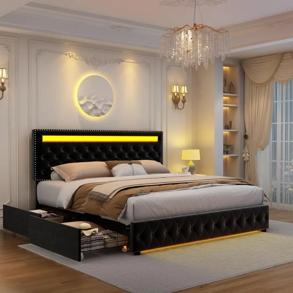 Marco de cama Queen Led con 4 cajones de almacenamiento, cabecero de luces LED con Control inteligente, Control de Color DIY, caja de resorte opcional