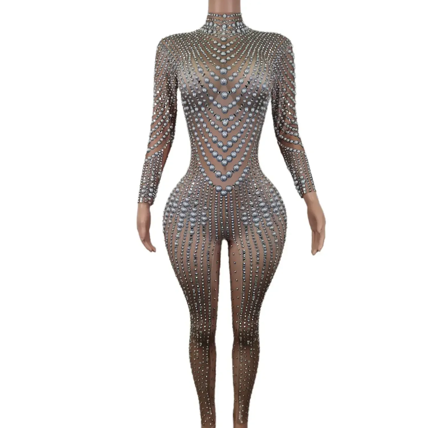 

Sexy Long Sleeve Celebrate Party Birthday Bodysuits Singer Dancer Rompers Stage Wear Party Rhinestones Pears Jumpsuit for Women