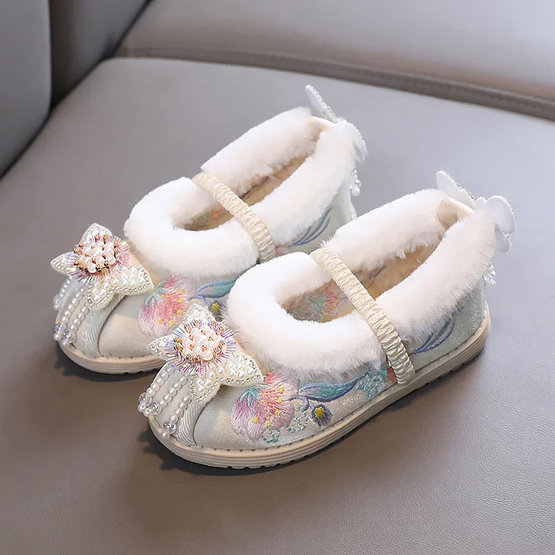 Kids Princess Embroidery Shoes Girls Winter Warm Cotton Shoes Traditional Chinese Style Children Hanfu Performance Flats Shoes