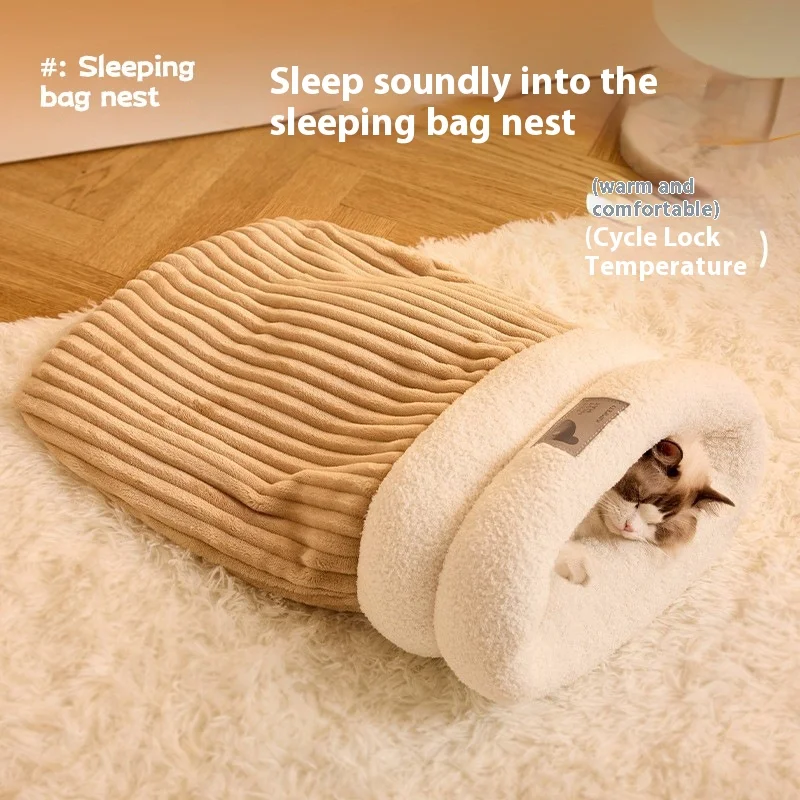 Cat Sleeping Bag Semi-Enclosed Cats Dogs Warming Pad Soft Plush Winter Warm Cozy Beds Accessories For Cats Small Dog