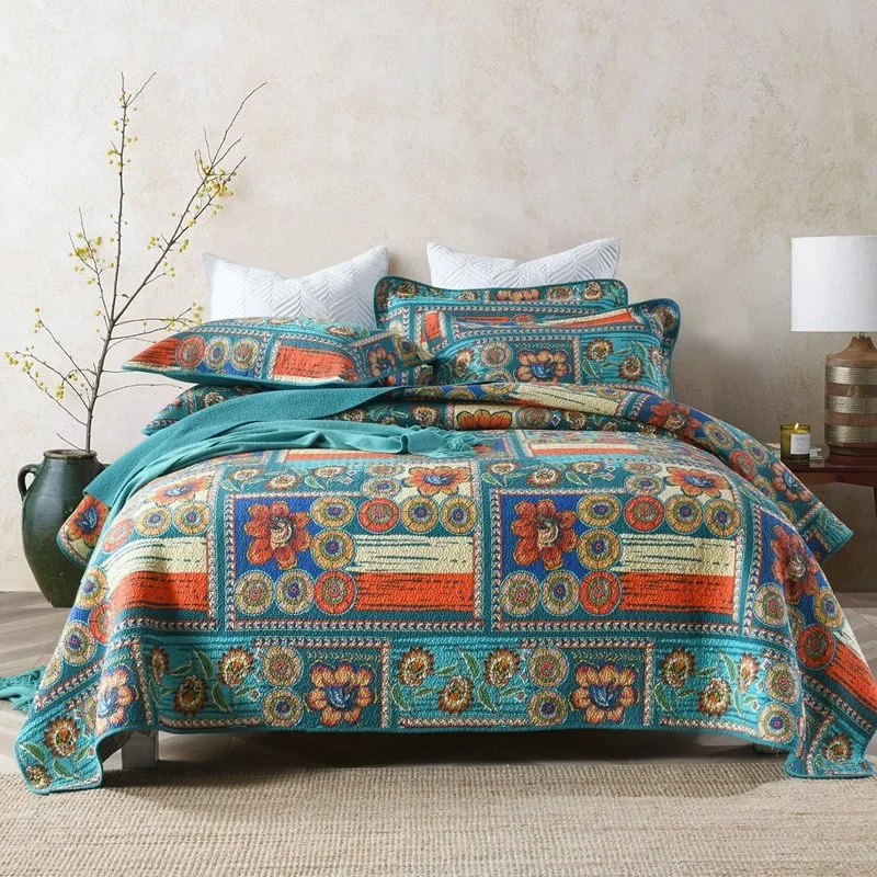 

Cotton Quilt Set 3pcs, Quilted Bedspread with Pillowcases, American Style Blanket Comforter, Plaid Coverlet, Cubrecam Bed Cover