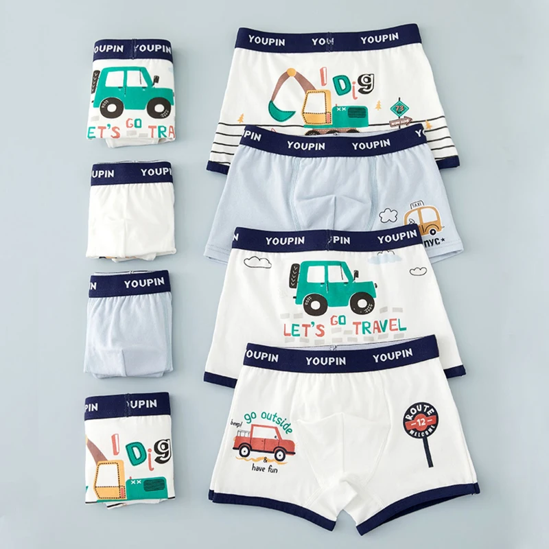 

4pcs/pack Boys Underwear Panties Cute Car Print Boxers for Toddler Baby Casual Children Excavator Plaid Underpants 2 To 12 Years