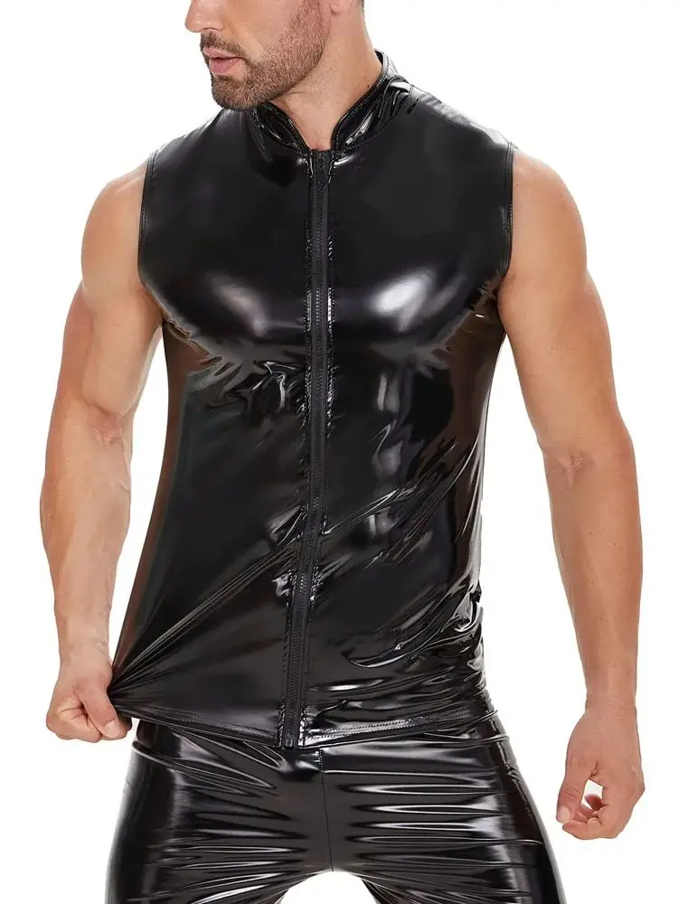Neues Wet-Look PVC Tanktop Glänzendes PU-Leder Ärmelloses Muskelshirt Reißverschluss-Weste Eng Anliegendes Sexy Bodybuilding Hot Shapers Top