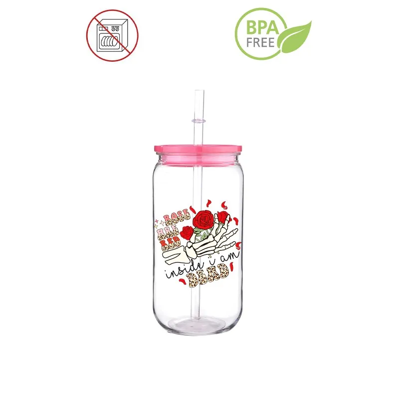 Valentine Skulls Printed Transfer BPA Free Plastic Straw Cup Comes With Sreaw And Cup Lid Can Coffee 16 OZ Flower Coffee