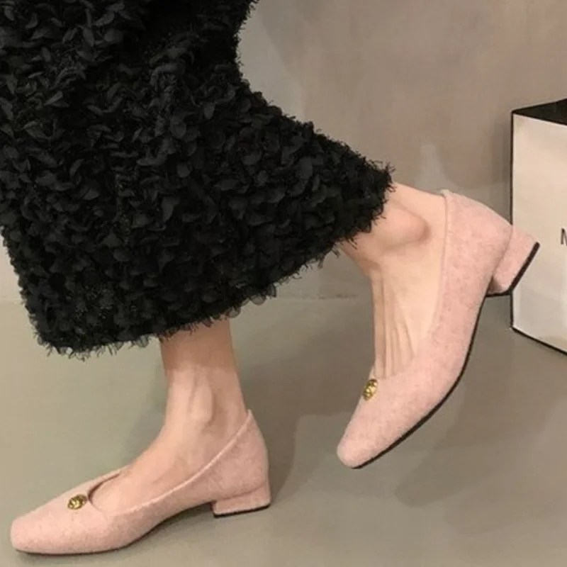 

Spring New Low Heel Single Shoes Women's Fashion Square Head Shallow Mouth Suede Metal Buckle Non-slip Low Top Shoes