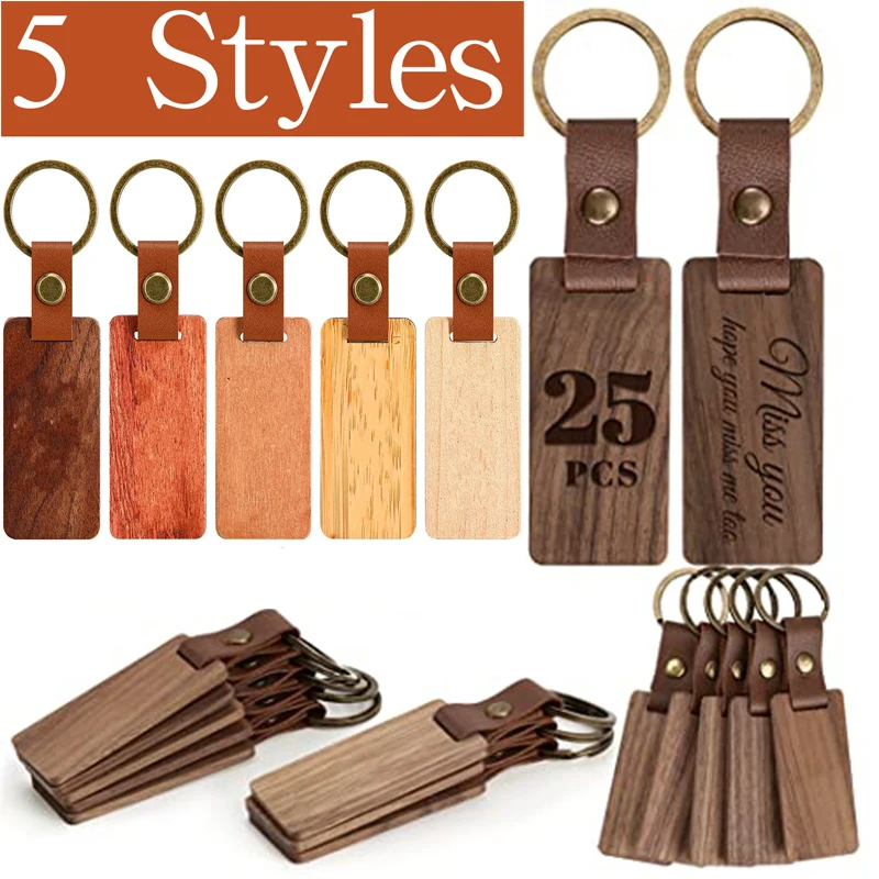 

25Pcs Wooden Keychains Blanks Leather Wooden Keychain Charms for DIY Various Key Tags Keychains Name Tags