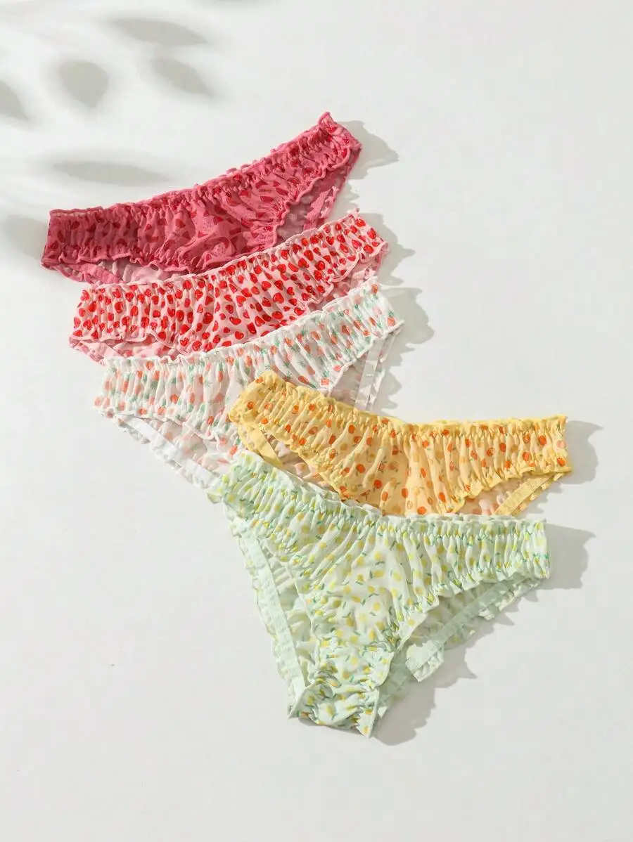 

5pcs Vintage Cute Lace Fruit Print Low Rise Triangle Panties For Women