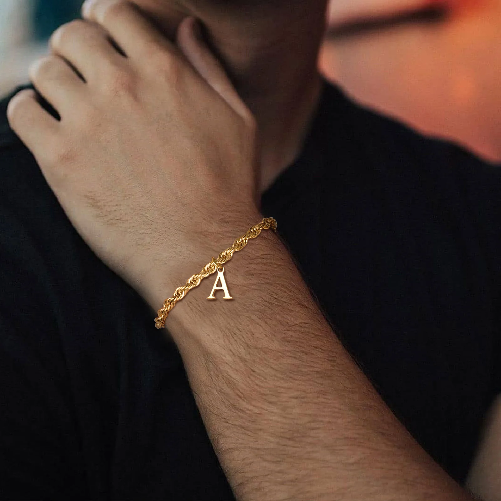 Vnox A-Z Letters Bracelets for Men, Gold Plated Stainless Steel Twisted Rope Chain Bracelet, Classic Name Bracelet Gift for Him