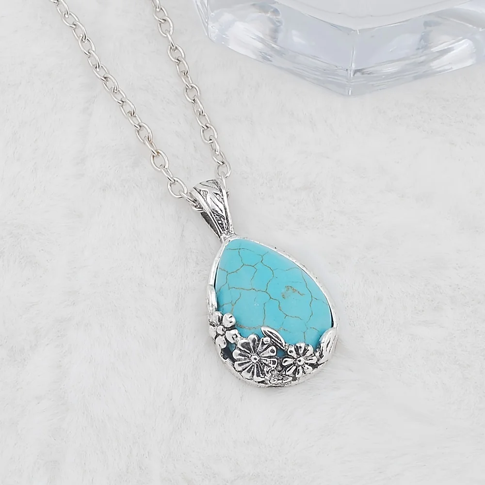 Vintage  Pendants Natural Stone Silver Plated Tibetan Water Drop Statement Necklace Nigerian Africa Jewelry