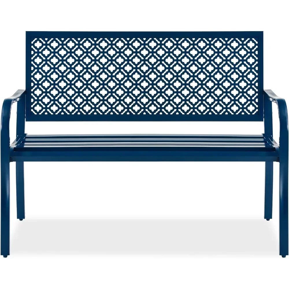 Outdoor Bench 2-Person Metal Steel Benches Furniture for Garden, Patio, Porch, Entryway w/Geometric Backres