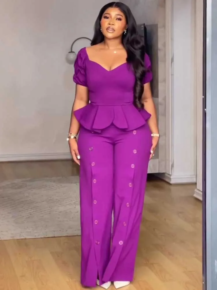 

Повседневный женский комплект, женская одежда, блузка с квадратным воротником и высокой талией, летний костюм, элегантные брюки фиолетового цвета, комплект из двух предметов