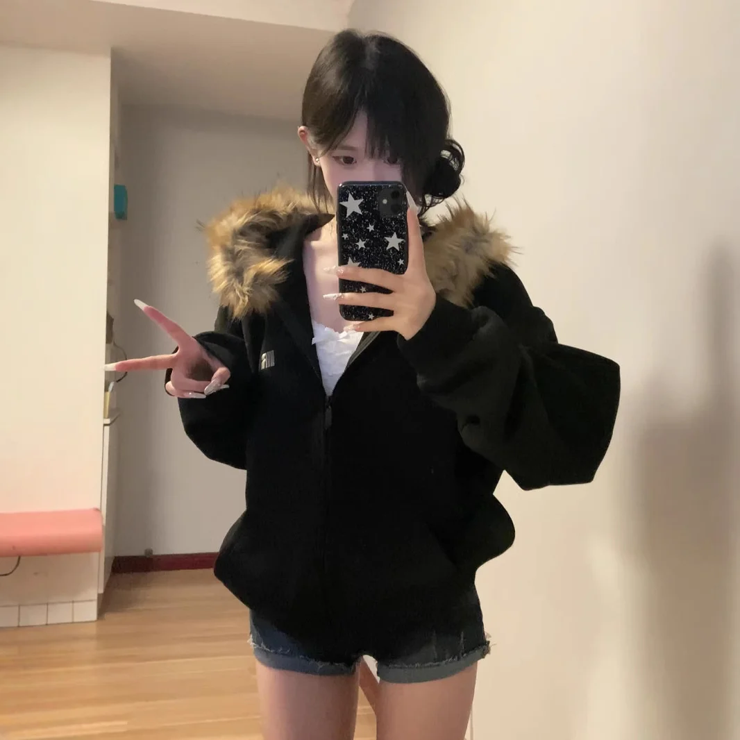 Women Black Zip Up Hoodies Vintage Korean Preppy Style Faux Fur Coat Oversized Casual Sweatshirt Harajuku Autumn Winter