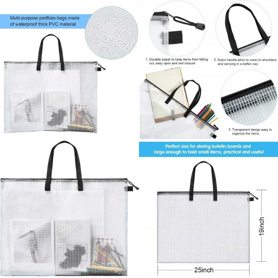 19 x 25 인치 투명 포스터 보관 가방 손잡이와 지퍼 포함 아트 포트폴리오 페인팅 디스플레이 스크랩북 게시판용