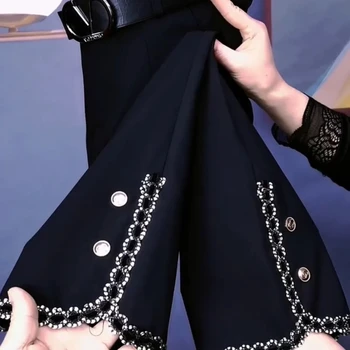 2024 primavera outono nova simplicidade commute cor sólida emendado botão rendas em linha reta magro sino bottoms calças de cintura alta das mulheres