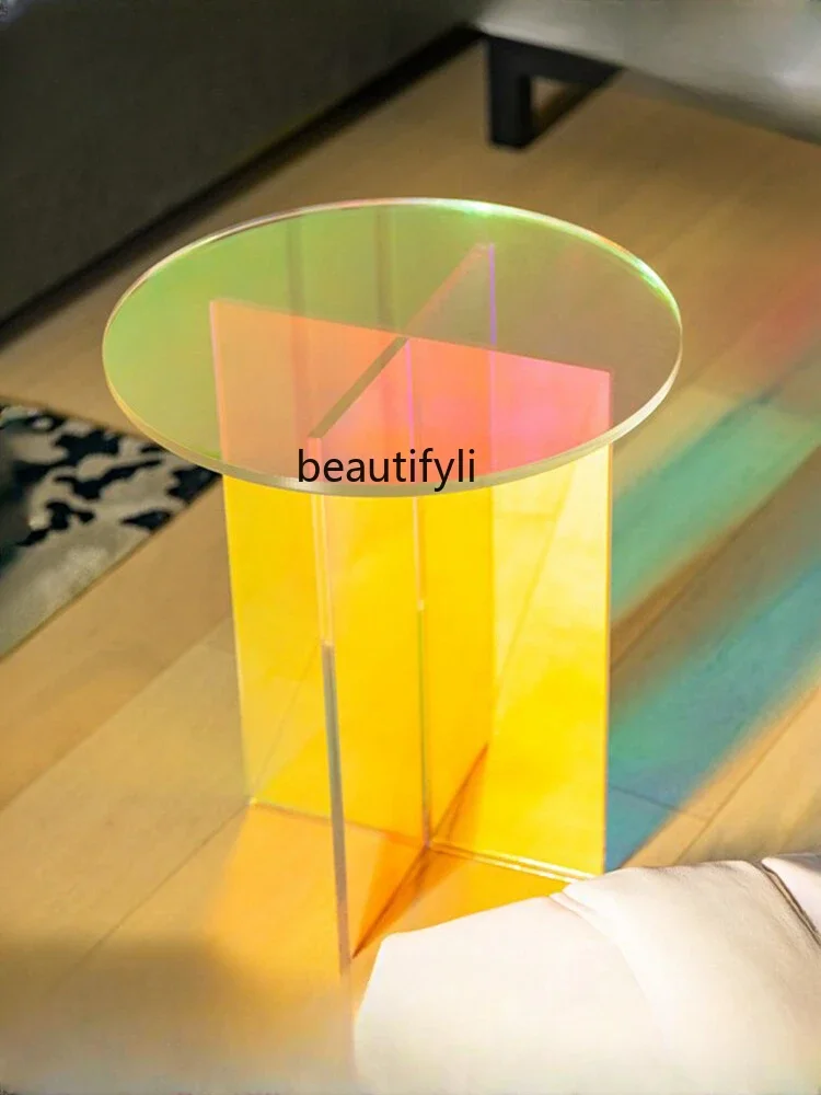 Nordic Bedroom Small round Table Designer Corner  Acrylic Dining Table Colorful Coffee  Laser Transparent Side Table