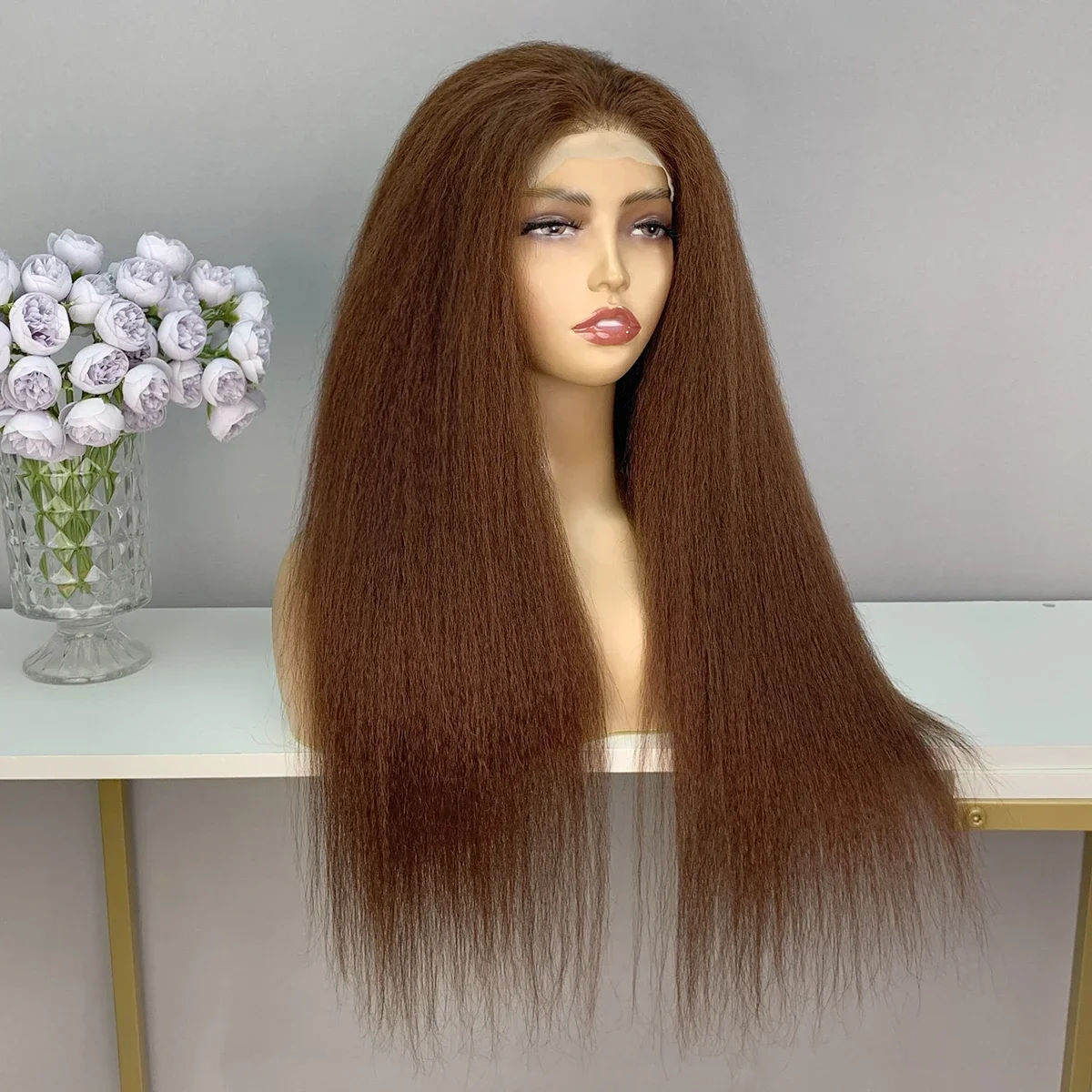 Soft Brown Yaki Kinky Straight 180Density 26Inch Long Lace Front Wig For Women With Baby Hair Preplucked Daily Glueless