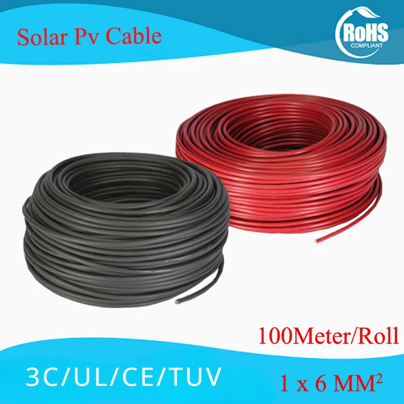 

100 Meters/Roll TUV Certifiction 6mm2 (10AWG) Solar Cable Red or Black Pv Cable Wire Copper Conductor XLPE Jacket