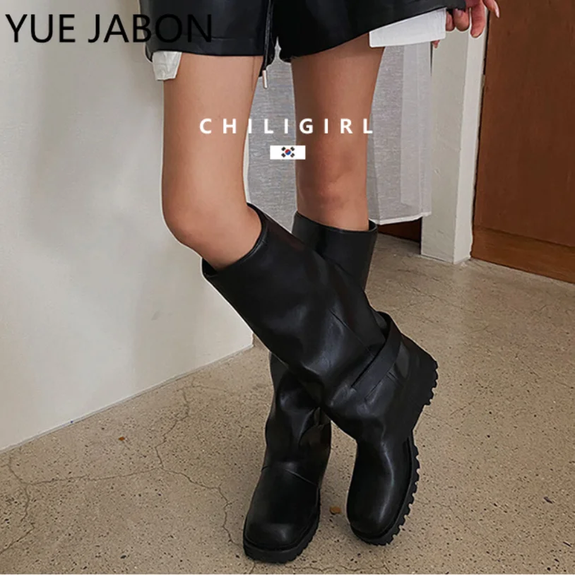 Women Winter Long Boots Woman Knee High Booties Ladies Shoes Platform Thick Heel Real Leather Soft Boots Slip On Woman Winter