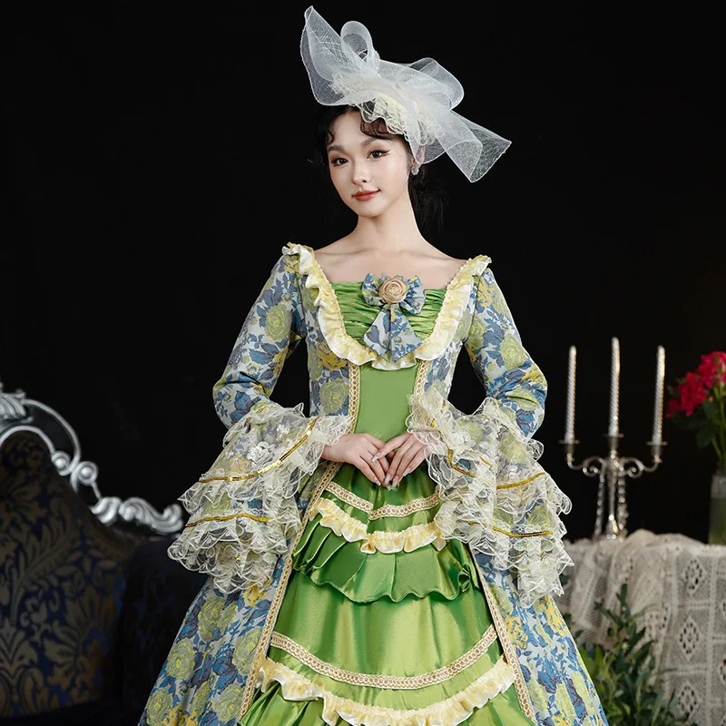 Abito da corte medievale Abito da principessa verde retrò europeo da donna Passerella Foto Spettacolo teatrale Costume Robe Elegante Femme Ceremonie
