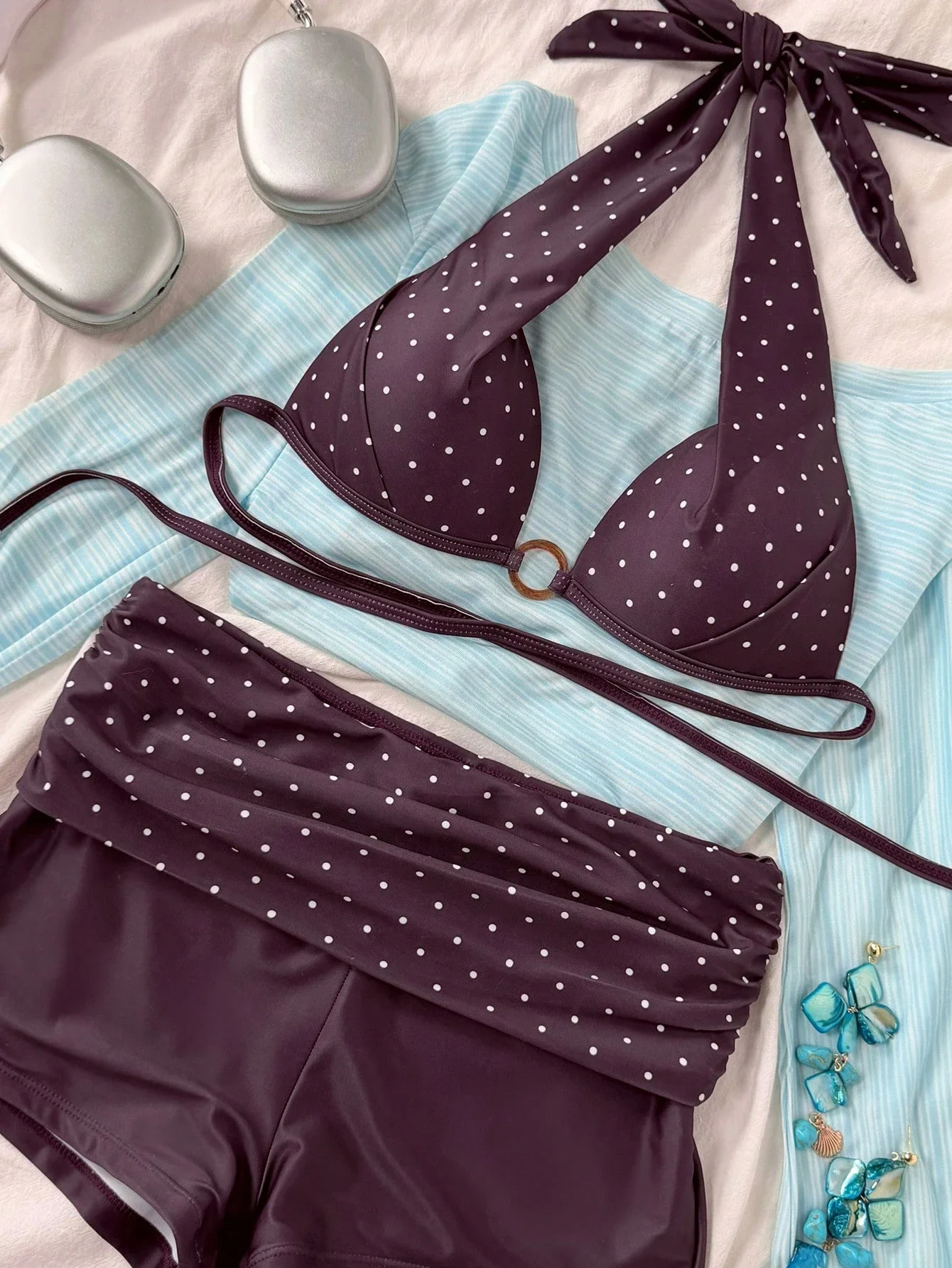 

Женский комплект бикини в горошек с завязками на шее и шортами с высокой талией для пляжа, бассейна и отдыха