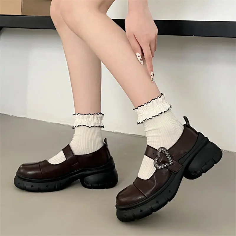 brown Lolita Shoes Women new Heart shaped buckle Mary Jane Shoes Vintage Girls Y2K JK Uniform High Heel Platform Cosplay Shoes