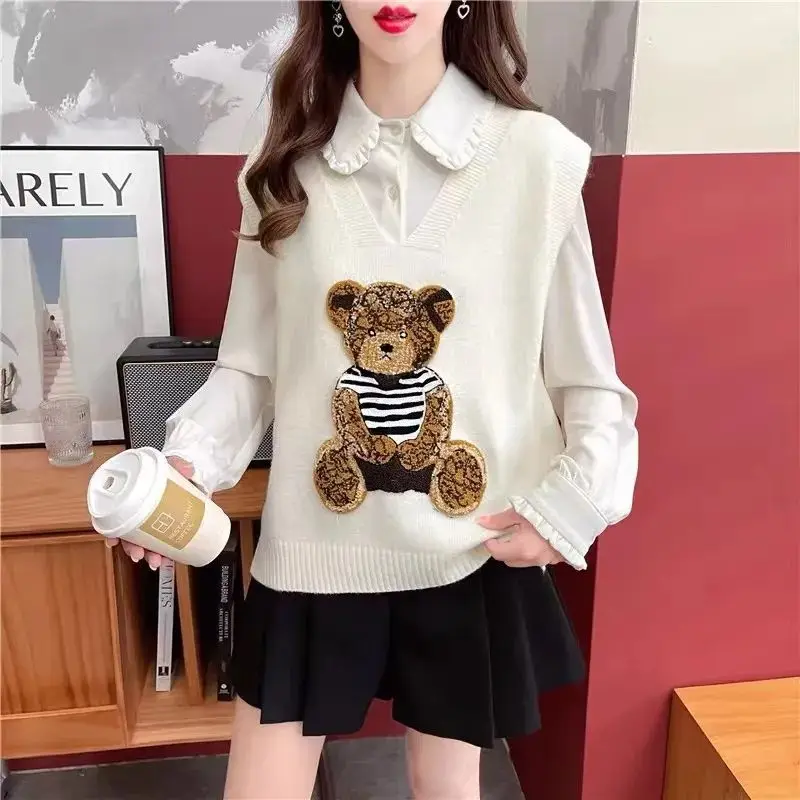 Spring and Autumn Knitted Cartoon Little Bear Vest Undercoat Women's 2023 Spring New Loose V-neck Knitted Sweater