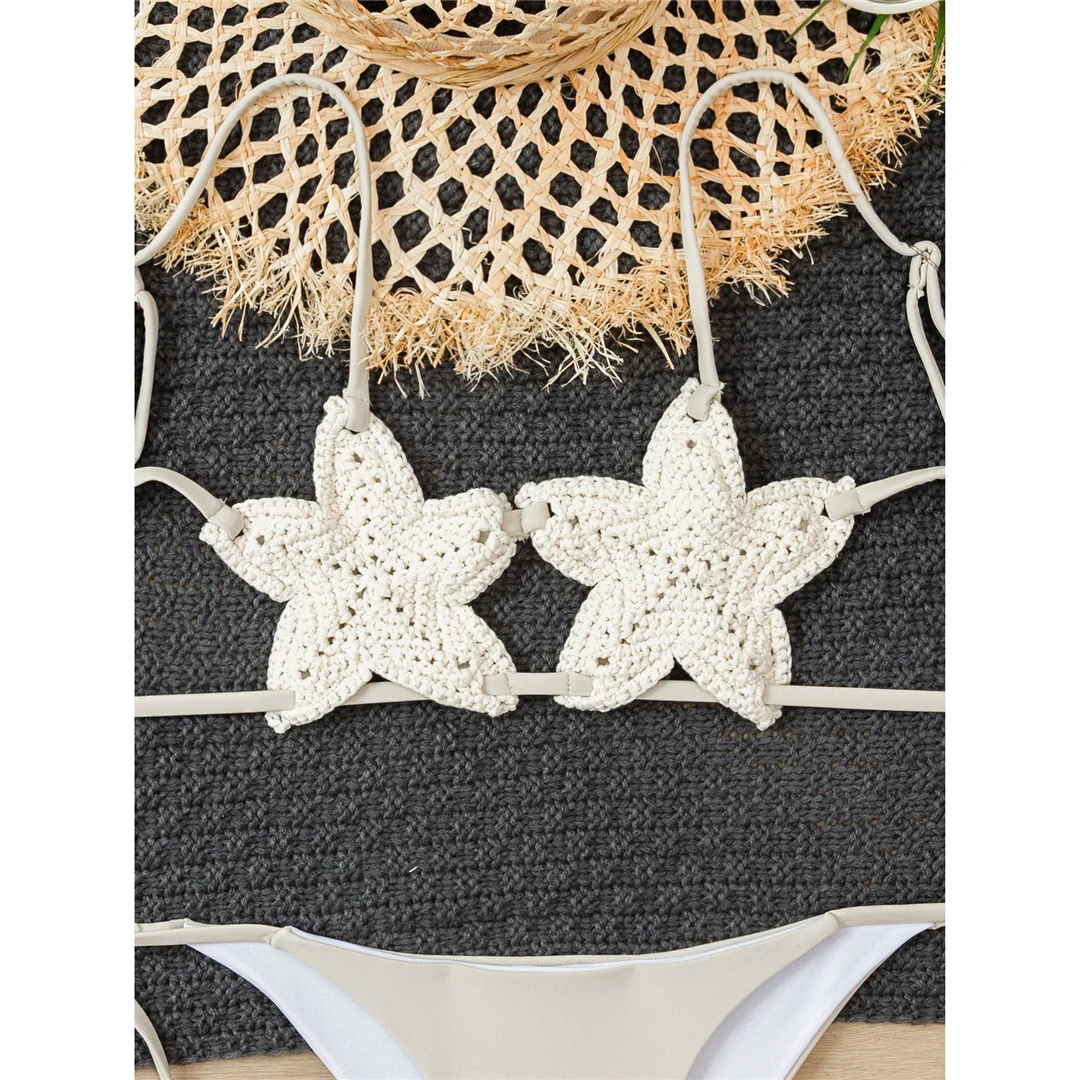 Neuer, verführerischer, gehäkelter, gestrickter Bikini mit Sternenmuster, Damen-Badeanzug, zweiteiliges Bikini-Set, Badebekleidung mit Trägern, Badeanzug, Modell V7750. – Detail 6
